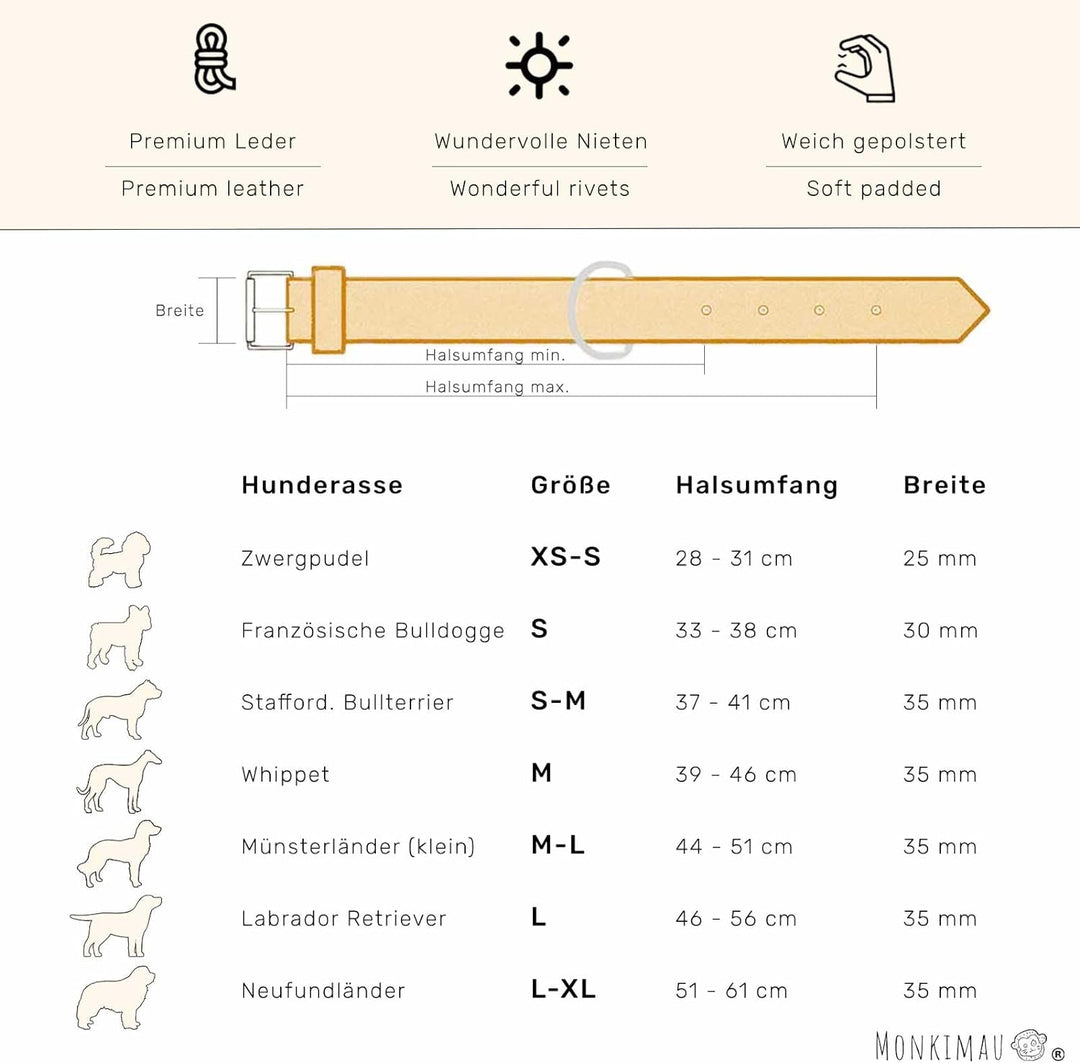 Monkimau Halsband für Hunde aus echt Leder mit Nieten gepolstert verstellbar L 41-50 cm M-L: 35mm x