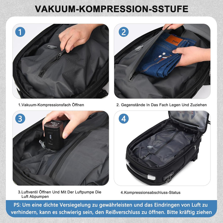 Vakuum Rucksack Handgepäck, 60L Erweiterbarer Reiserucksack mit Kompression & Luftpumpe, Airbag Ruck