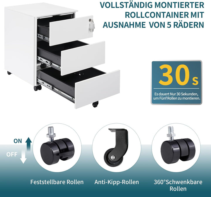 LVSTEEL Rollcontainer mit Schubladen, Mobiler Aktenschrank unter Schreibtisch, Abschliessbarer Büros