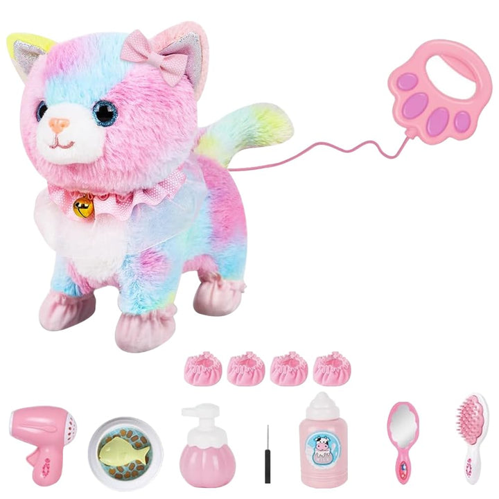 Spielzeug Katze für Kinder, Interaktive Plschkatze mit Gehen, Bellen, Schwanzwedeln, Katze Spielzeug