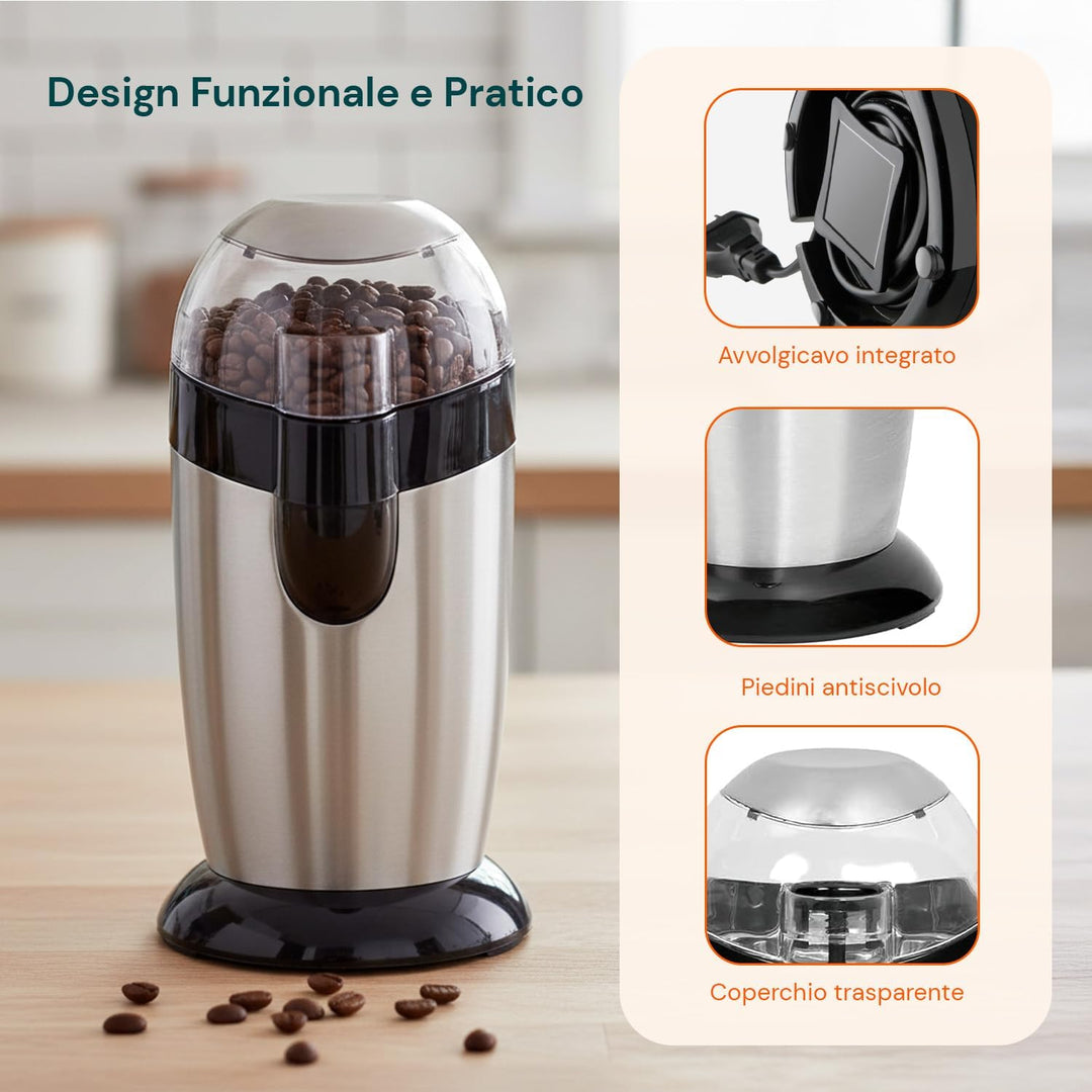 Avilia Elektrischer Kaffeemühle mit Klingen aus Edelstahl und hygienischem Behälter – Kaffeemühle fü