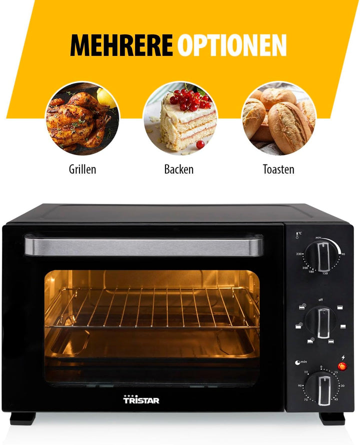 Tristar Heissluftofen, 27L Kapazität, 1500W, 6 Heizarten, Umluftfunktion, 90 Min Timer, 90–230 °C Th