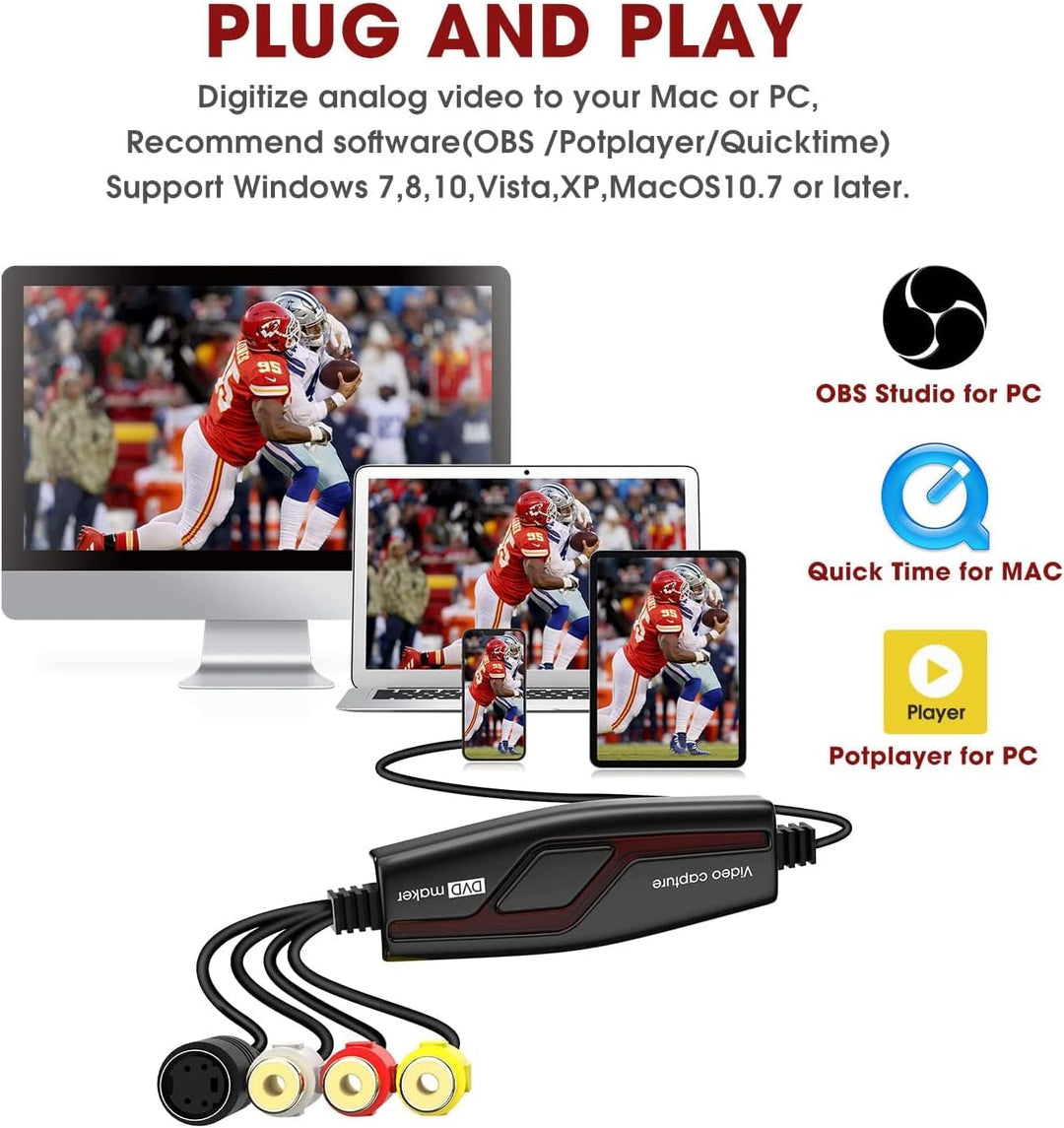 DIGITNOW! Video Grabber Überträgt Hi8 VHS auf Digital DVD für Windows 10 / Mac, Video Capture Karte