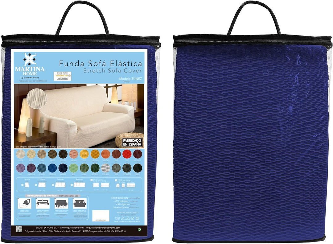 Martina Home Tunez elastischer Sofabezug, Stoff, Blau (Navy), 4 Sitzer (220 bis 260 cm) Marine 4 Plä