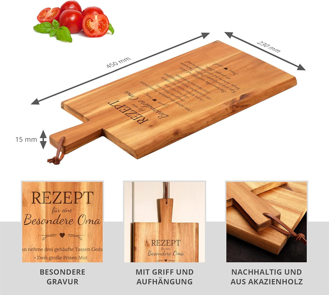 Casa Vivente Grosses Schneidebrett mit Griff und Lederband, Gravur Rezept Oma, Geschenkidee zum Mutt