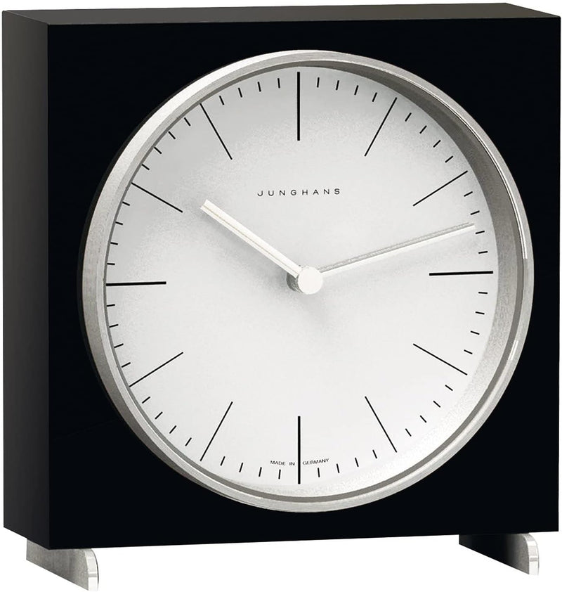 JUNGHANS / max bill Tischuhr max Bill, FUNKUHRWERK Schwarzes Holzgehäuse mit Strichblatt, schwarz, 1