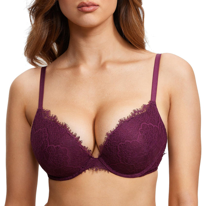 DOBREVA Damen Push Up BH mit Blumen Wimpern Spitze Sexy Bügel BHS Gepolstert 75E Traubenwein, 75E Tr