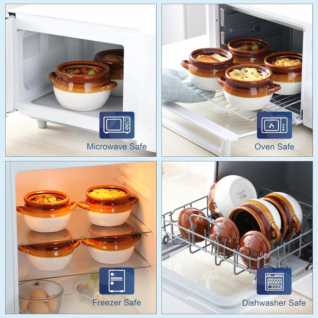 LOVECASA Onion Soup Bowls, French Onion Soup Crocks, 4 Stück Steingut Suppenschalen mit Deckel, 660m