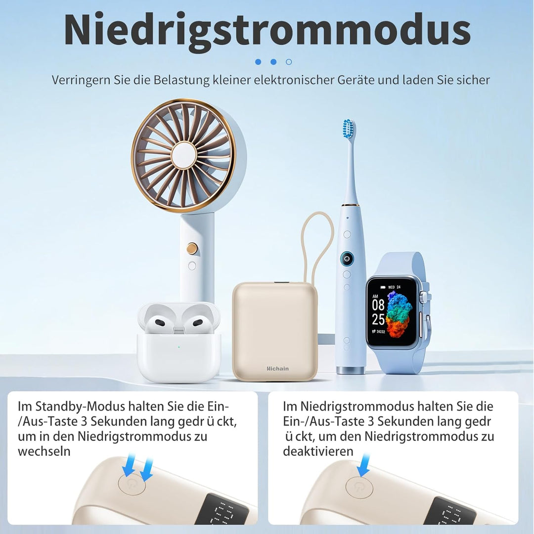 Hichain Power Bank Klein, 10000mAh 22,5W Powerbank USB C Schnellladen mit Integriertem USB-C Kabel,