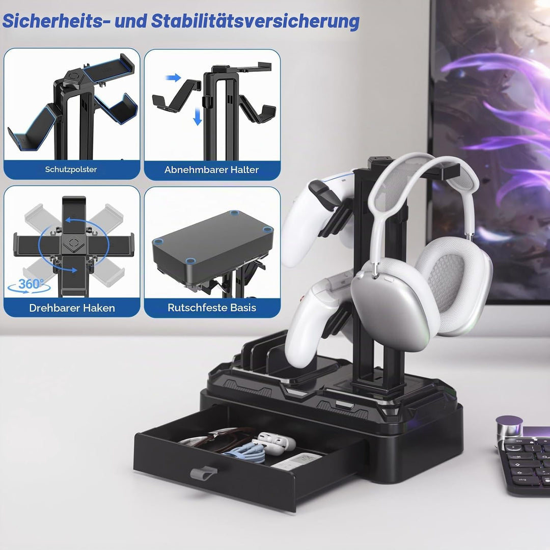KDD Kopfhörer Ständer Gaming mit Schublade - Drehbare Headset Halterung Tisch &amp; Controller Halter PS