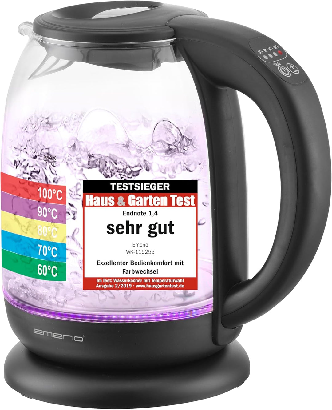 Emerio WK-119255 TESTSIEGER Haus & Garten Test 02/2019, Glas Wasserkocher mit Temperaturwahl (60°C/7