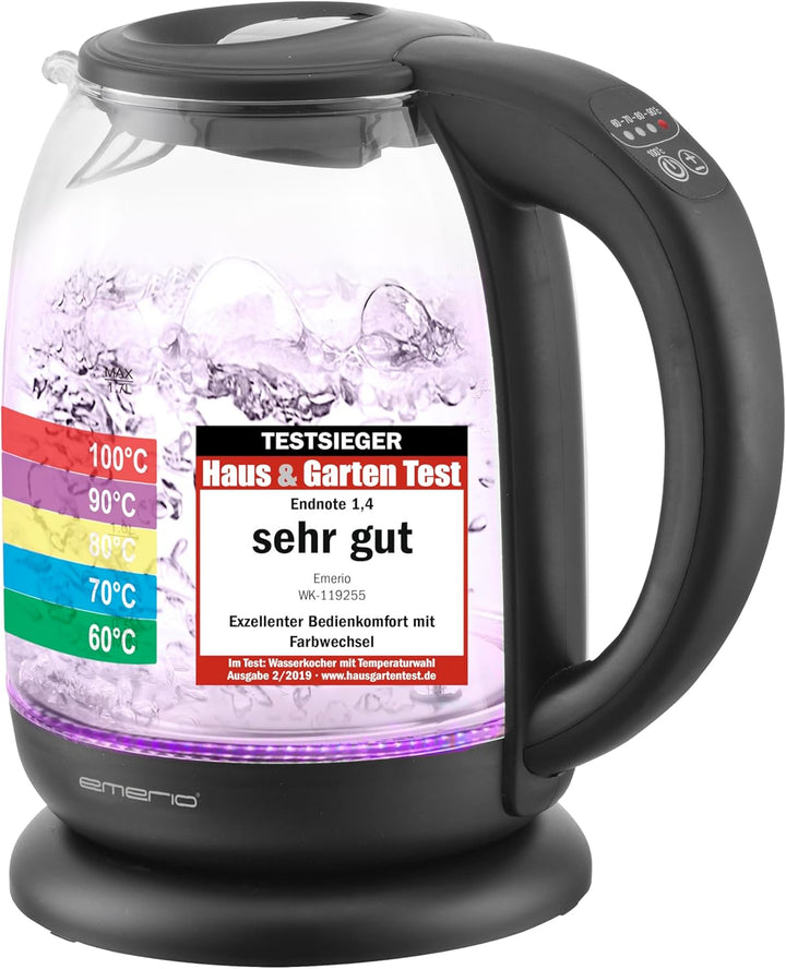 Emerio WK-119255 TESTSIEGER Haus & Garten Test 02/2019, Glas Wasserkocher mit Temperaturwahl (60°C/7