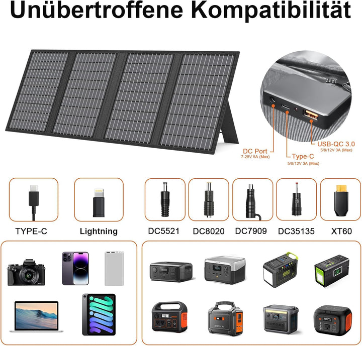 60W Tragbares Solarladegerät mit Ständer, Faltbares Solarpanel mit USB-C, USB-A und DC-Ausgängen, fü