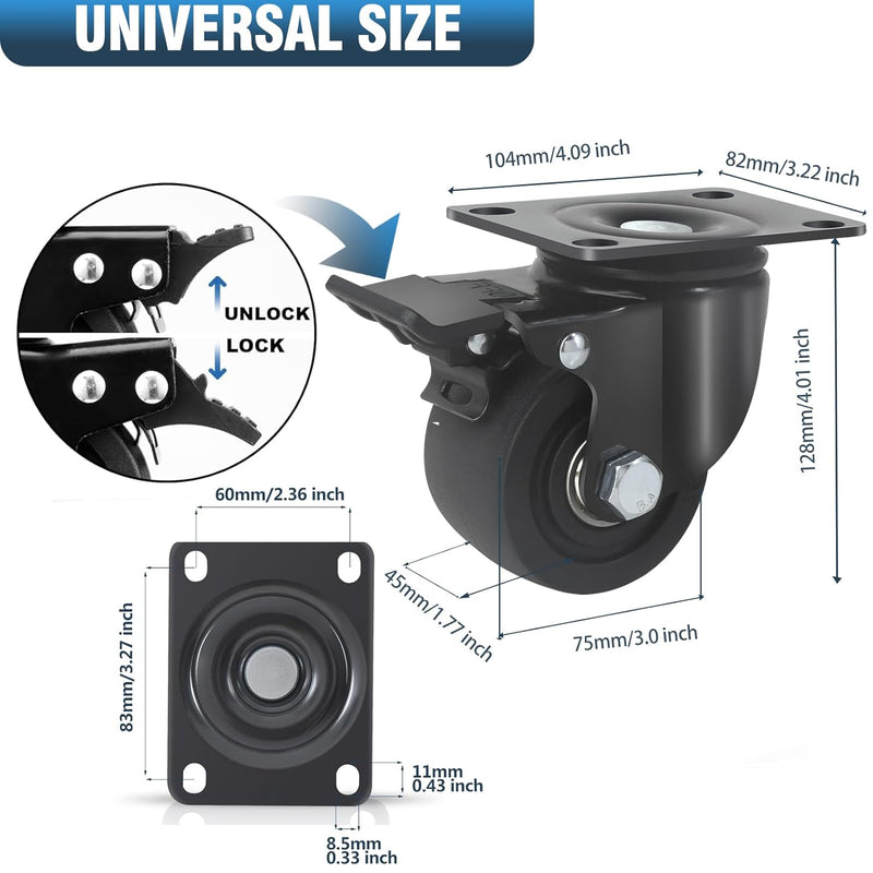 RRIUTO Schwerlastrollen bis 2000KG, 75MM Lenkrollen Niedriger Schwerpunkt Schwarz Transportrollen Mö