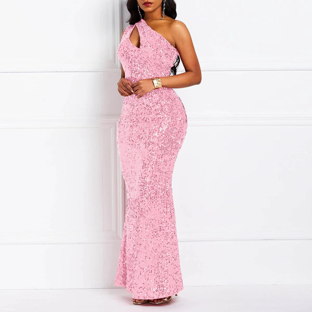 VERWIN Pailletten Mode ärmellose schräge Kragen Meerjungfrau Frauen Maxikleid Bodycon Kleid Partykle