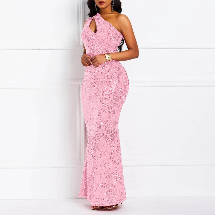 VERWIN Pailletten Mode ärmellose schräge Kragen Meerjungfrau Frauen Maxikleid Bodycon Kleid Partykle