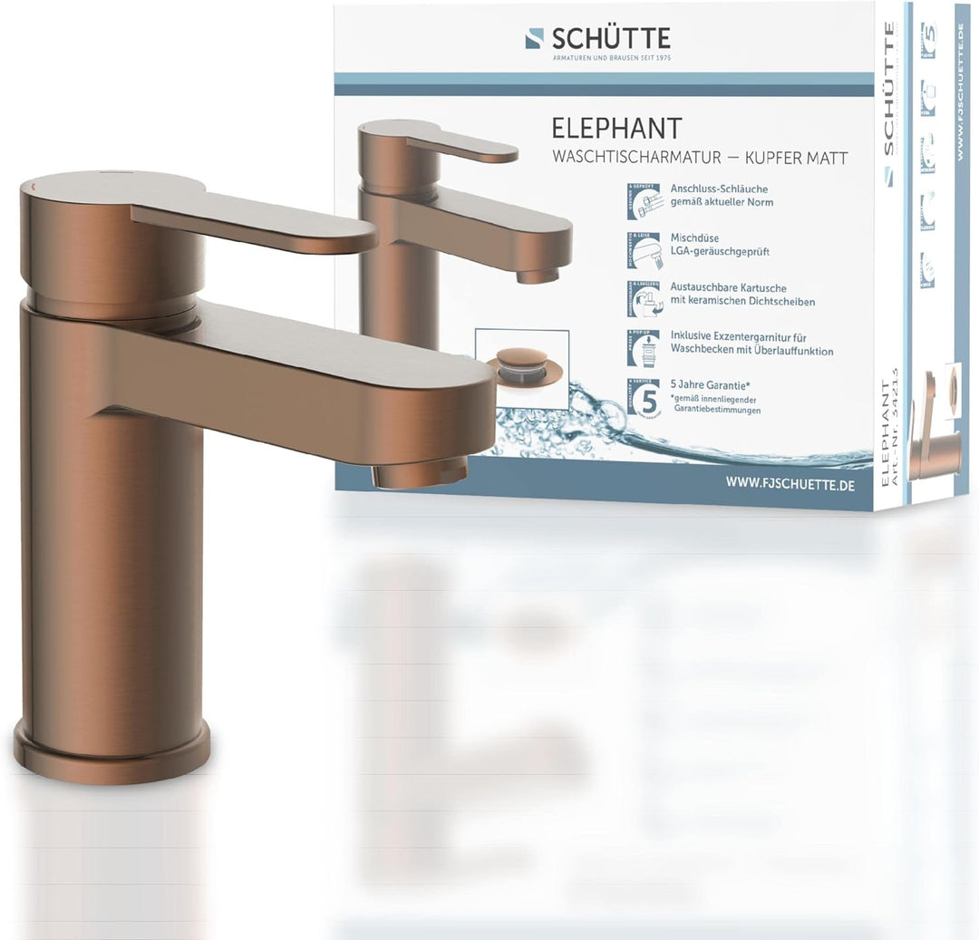 Waschtischarmatur ELEPHANT, Badarmatur, Einhebelmischer mit Ablaufgarnitur, Kupfer, Kupfer