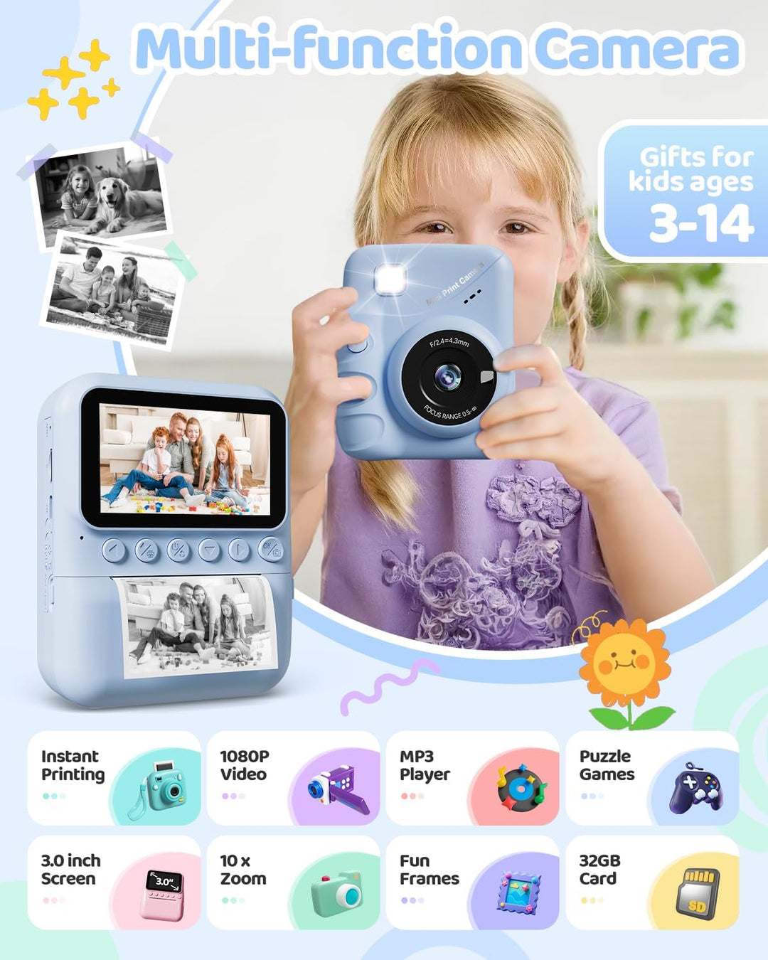 Kinderkamera Sofortbildkamera, 48MP 3.0 Zoll Sofortbildkamera Kinder mit 32G Karte & 3 Rollen Druckp