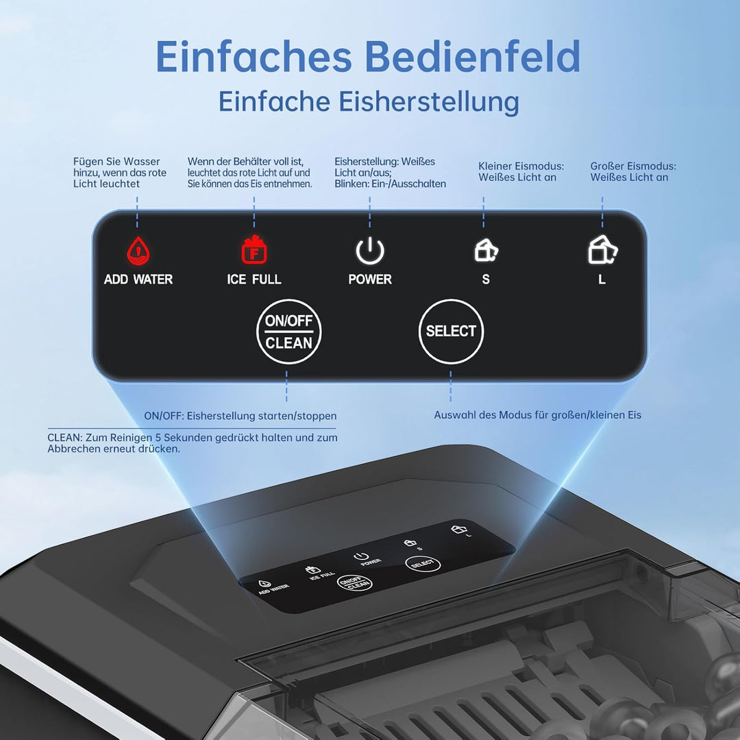 WIE Eiswürfelmaschine Kleine Eiswürfelbereiter mit Schaufel 9 Würfel in 6 Minuten 1,3L Ice Maker Sel