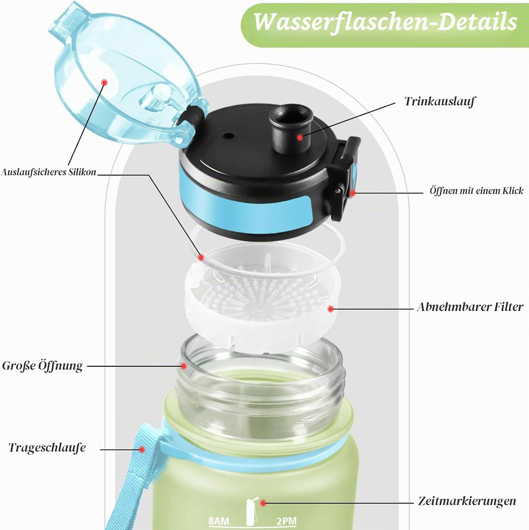 HoneyHolly Trinkflasche 1L, Auslaufsicher mit Zeitmarkierung, Wasserflasche, Sportflasche mit Filter