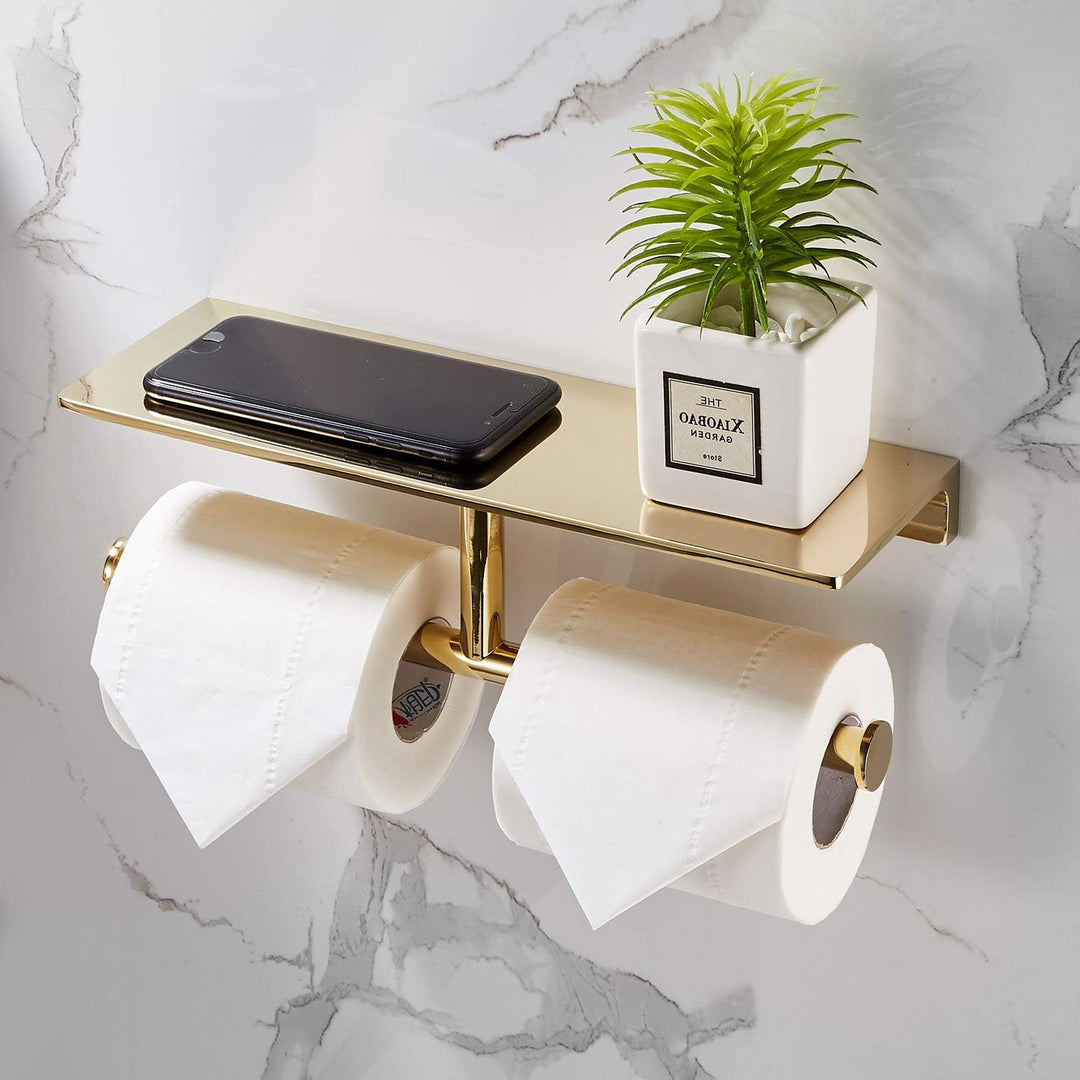 Doppelrollen-Toilettenpapierhalter mit Ablage aus massivem Messing und erstklassigem Papiertaschentu