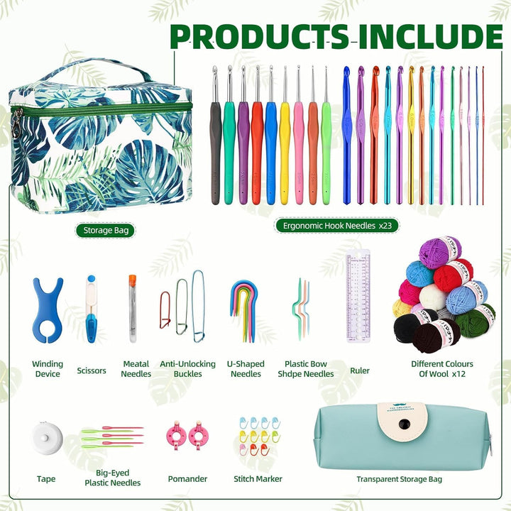 TOSUTO Häkelset für Anfänger,Tragbar Häkelnadel mit 12 Wolle,Häkelwolle Set,Stricken für Anfänger Se