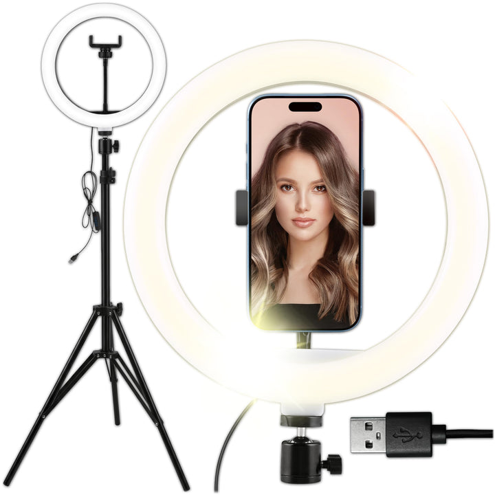 KRUMAD Ringlicht mit Stativ, LED Ringleuchte, Ringlampe, Selfie Licht | 3 Lichtfarben, mit Handyhalt