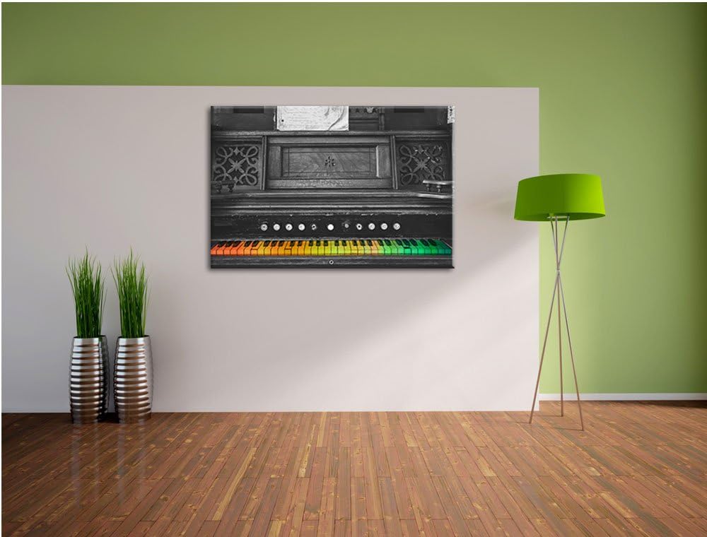 altes Klavier mit bunten Tasten schwarz/weiss Format: 100x70 auf Leinwand, XXL riesige Bilder fertig