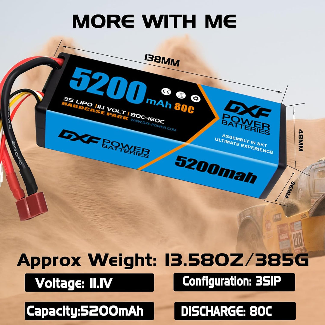 DXF 3S LiPo Akku 11.1V 80C 5200mAh Hardcase Batterie mit T Steck für RC Auto, RC Flugzeug, RC Hubsch