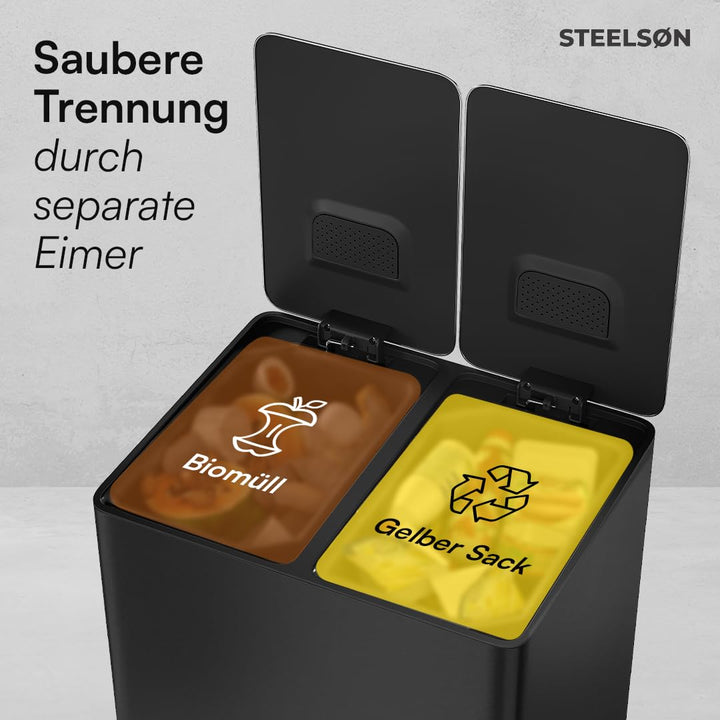 STEELSØN Gloas Mülleimer 2 Fächer – Mülltrennsystem Küche 2x15 L aus Edelstahl Schwarz – Tretmülleim