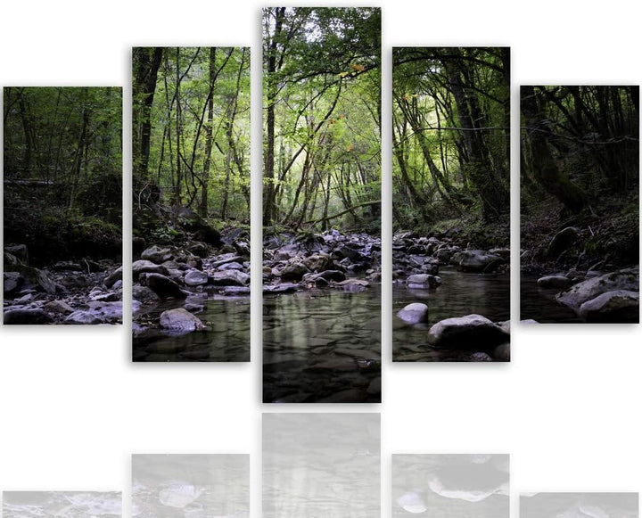 Leinwandbild 5 Teilig Landschaft Bild Wanddeko Fluss Wald Bäume grün 150x100 cm Leinwandbild 150x100