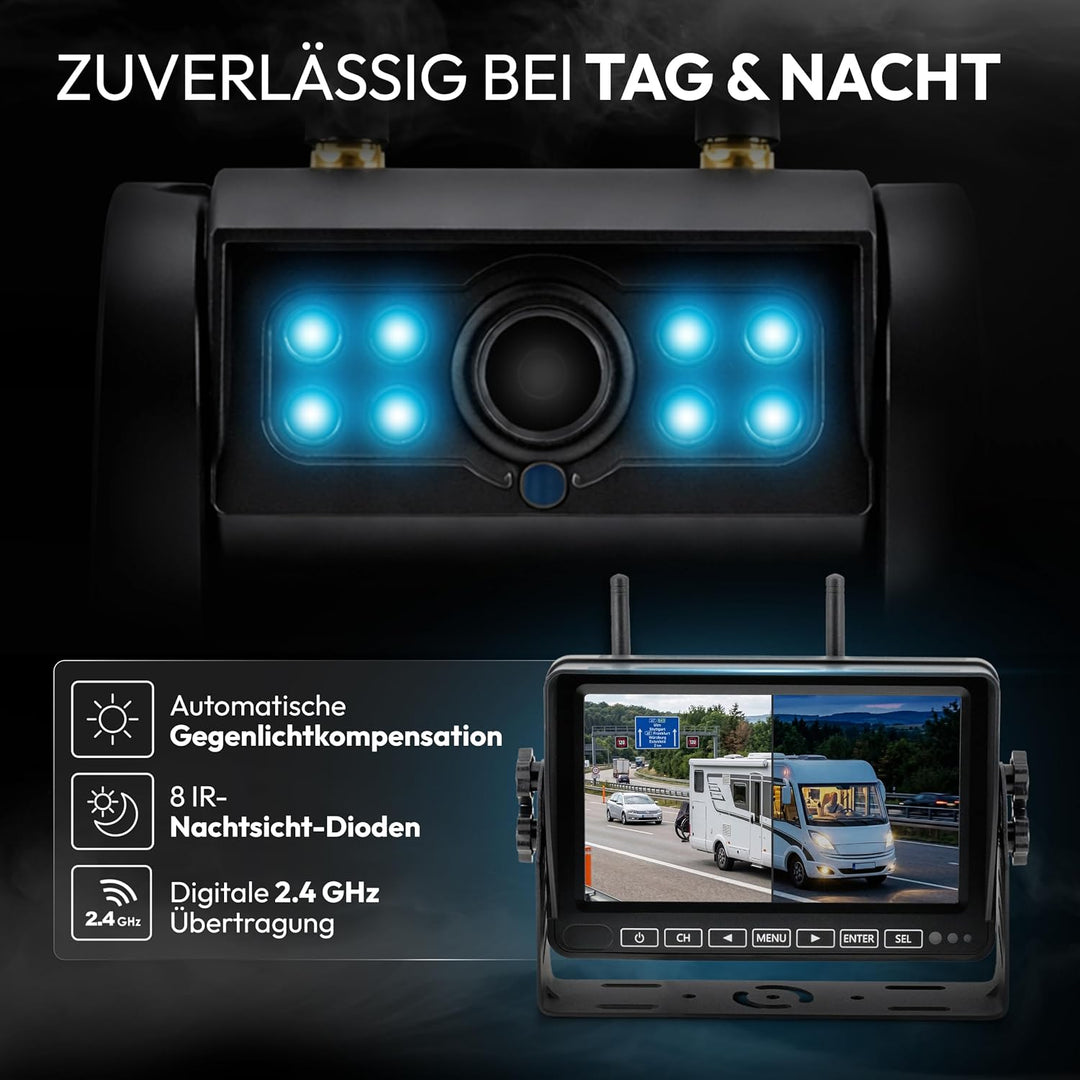 VSG24 7“ Element HD Funk Rückfahrsystem Akku Magnet für Wohnmobil & LKW, KFZ Set Rückfahrkamera kabe