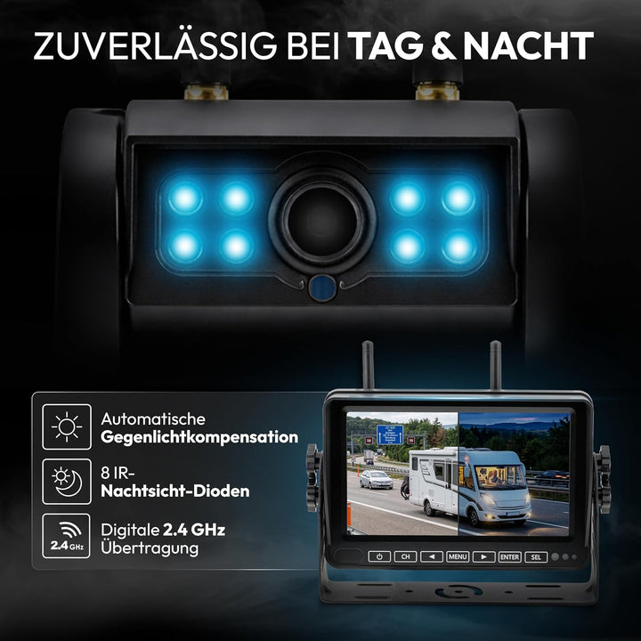 VSG24 7“ Element HD Funk Rückfahrsystem Akku Magnet für Wohnmobil & LKW, KFZ Set Rückfahrkamera kabe