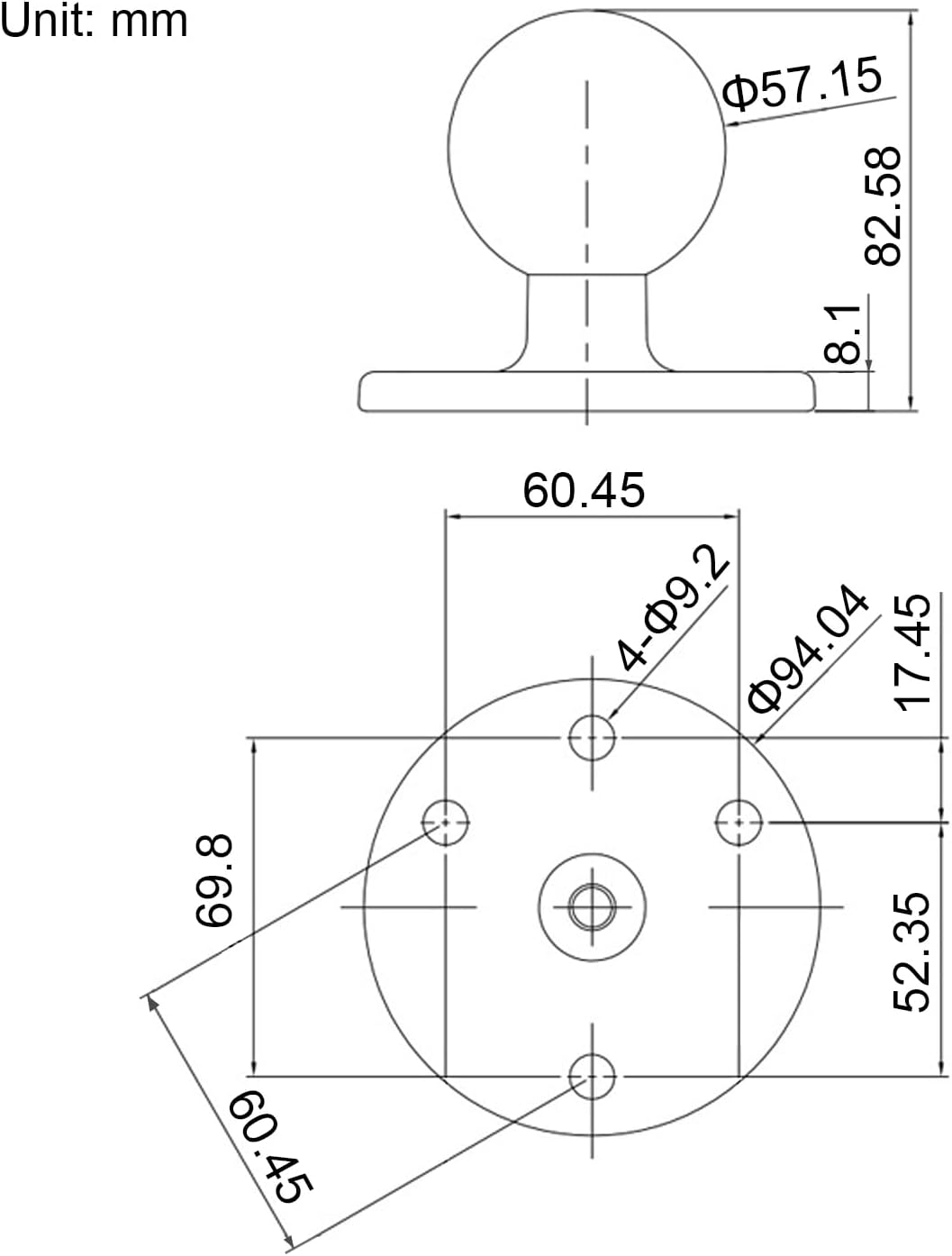 2,25 Zoll/D-Grösse Kugelhalterung aus Aluminiumgusslegierung, AMPS-Loch-Rundplattenbasis, Kompatibel