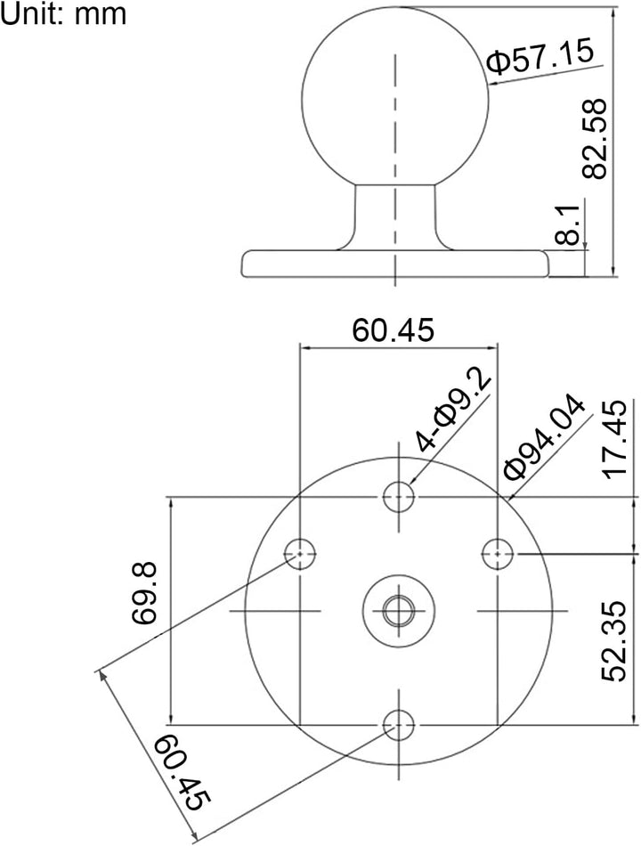 2,25 Zoll/D-Grösse Kugelhalterung aus Aluminiumgusslegierung, AMPS-Loch-Rundplattenbasis, Kompatibel