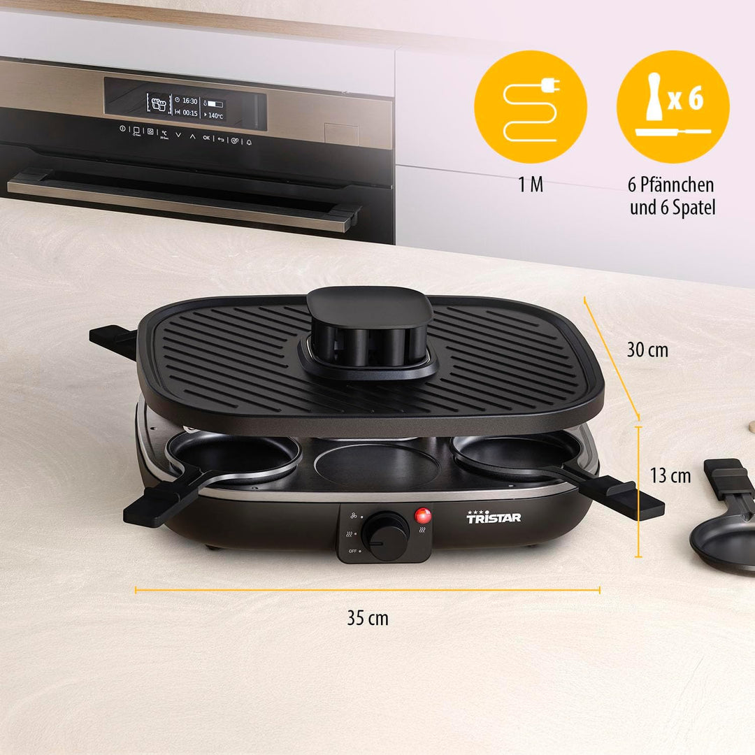 Tristar Raclette Clean Air, 1100 W, Für 6 Personen, Luftfiltersystem, Geruchsarm, Antihaft, PFAS-fre