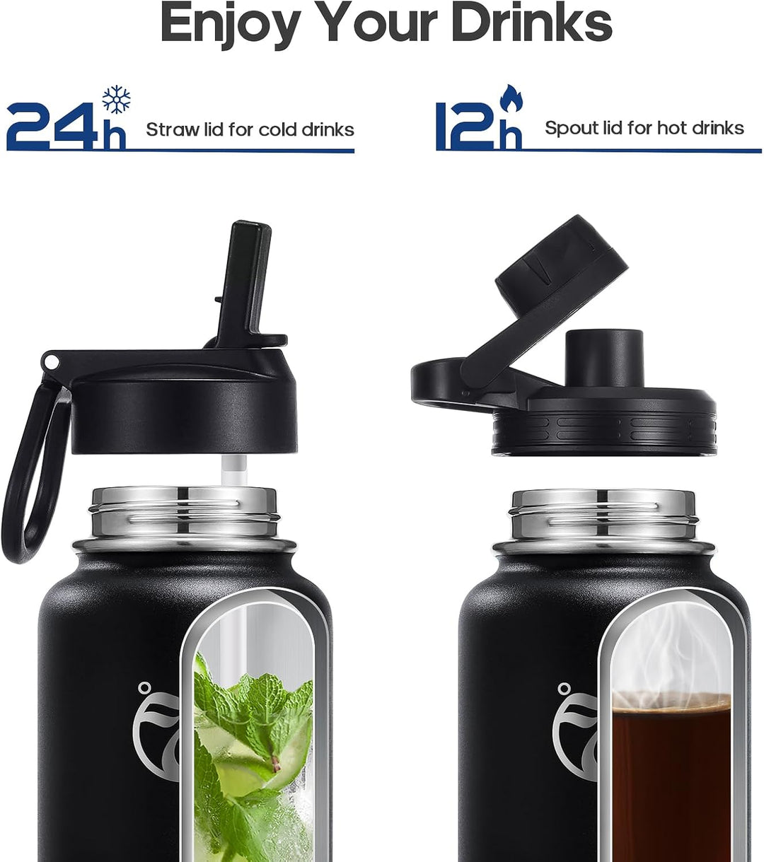 HydroPal Vakuumisolierte Edelstahl-Wasserflasche, 1200 ml/1000 ml/750 ml, 2 Deckel (Strohhalmdeckel