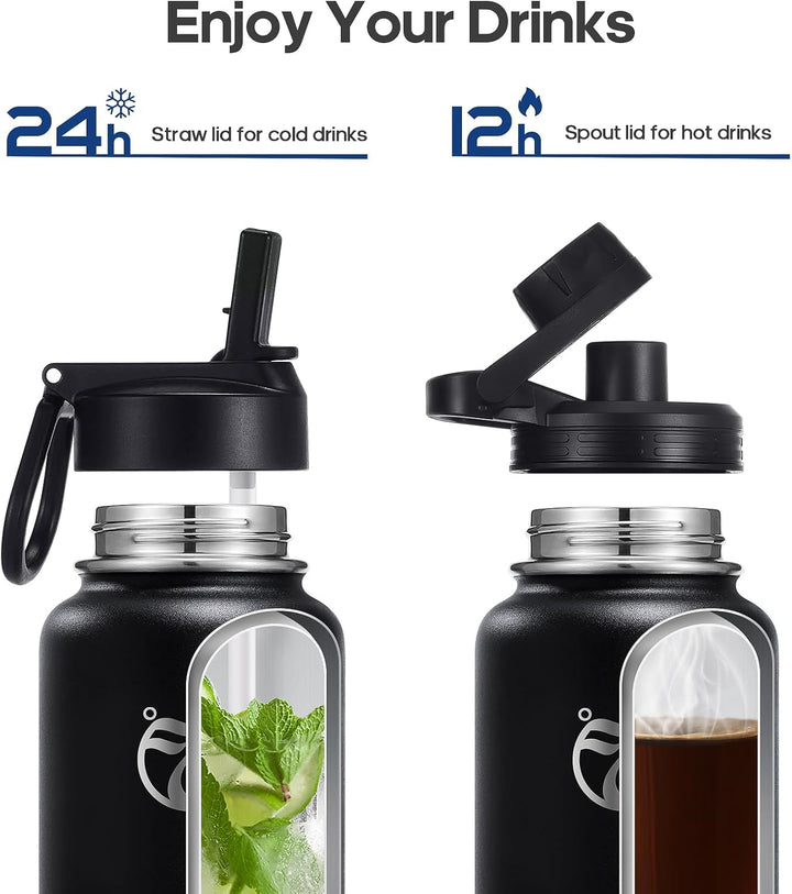 HydroPal Vakuumisolierte Edelstahl-Wasserflasche, 1200 ml/1000 ml/750 ml, 2 Deckel (Strohhalmdeckel