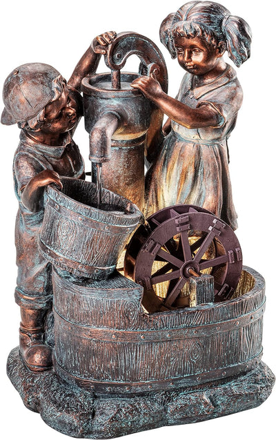 Dehner Gartenbrunnen Lea und Leon mit LED Beleuchtung, ca. 68.5 x 45 x 35 cm, Polyresin, grün/blau/b