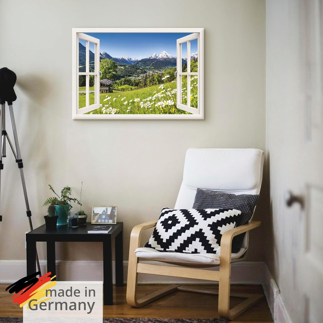 Artland Leinwandbild Wandbild Bild auf Leinwand 70x50 cm Wanddeko Fensterblick Fenster Alpen Landsch