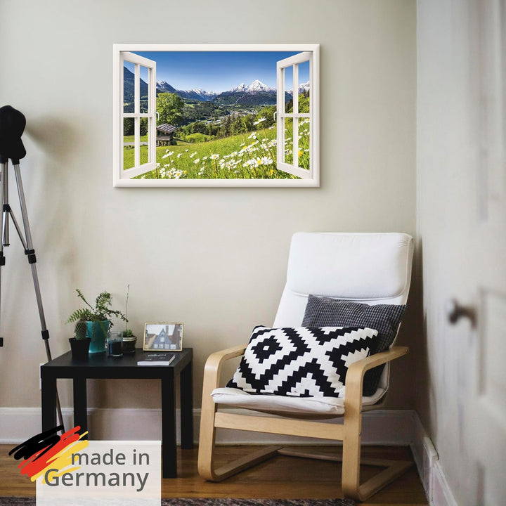 Artland Leinwandbild Wandbild Bild auf Leinwand 70x50 cm Wanddeko Fensterblick Fenster Alpen Landsch