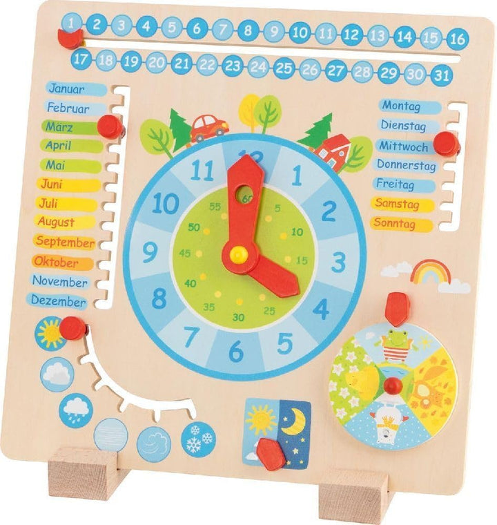 goki 58398 - Jahresuhr - aus Holz - Kinder Lernen spielerisch Kalender, Jahreszeit, Wetter und Uhrze