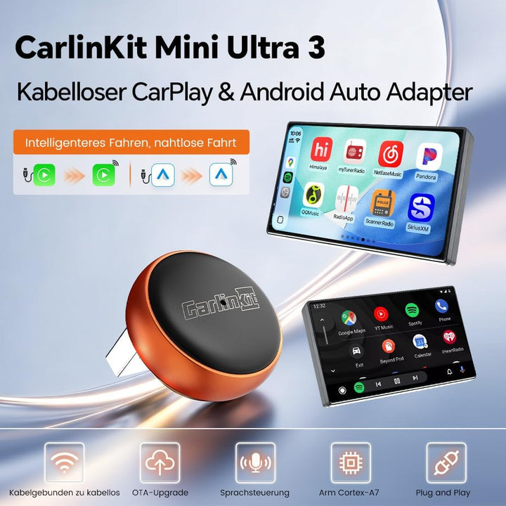 Carlinkit Mini Ultra 3 Wireless CarPlay Adapter, Wireless Android Auto Adapter, Wandelt OEM kabelgeb