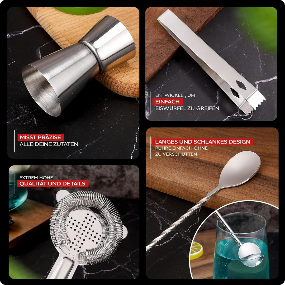 Cocktail Shaker Set 16-teilig aus Edelstahl | Barset für Barkeeper & Anfänger | Cocktail Zubehör ink