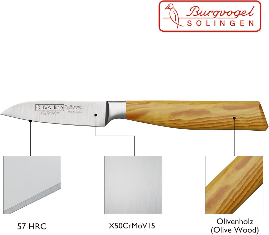 Burgvogel Solingen Gemüsemesser 9 cm geschmiedet Olivenholz, Oliva Line, rostfrei, deutsches Küchenm