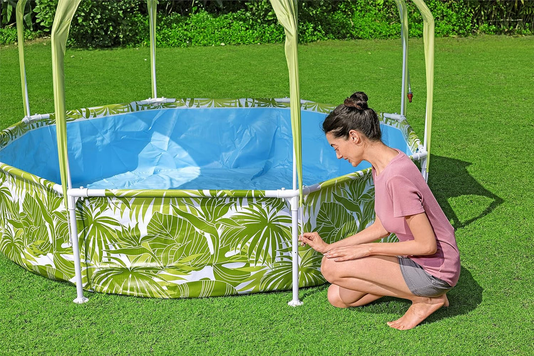 Bestway Steel Pro Frame Pool mit Sonnenschutzdach "Splash-in-Shade" ohne Pumpe Ø 244 x 51 cm, buntes