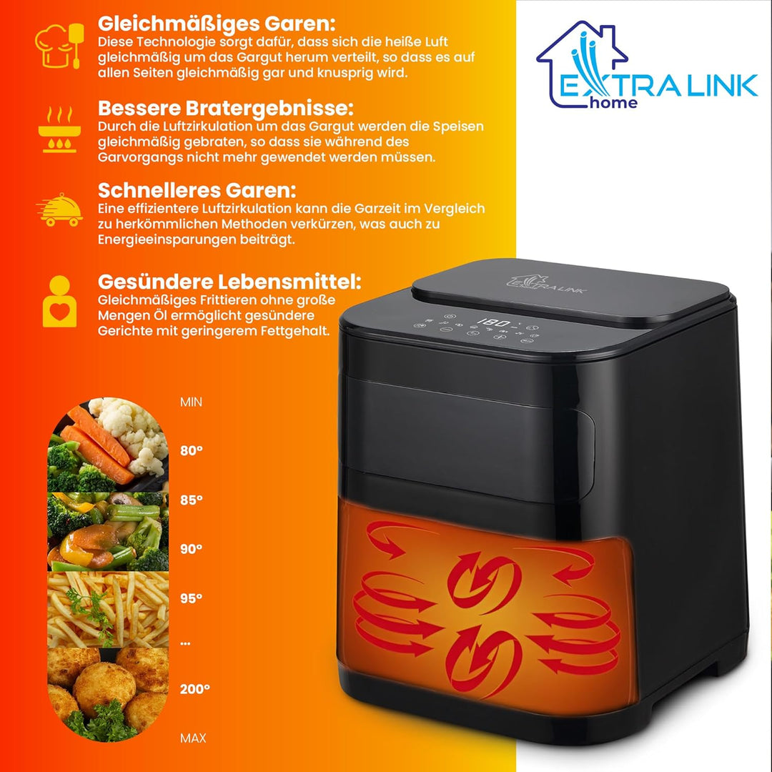 Extralink 1600W Airfryer 5.2L - Heissluftfritteuse mit 7 Kochfunktionen, Friteuse Heissluftfritteuse
