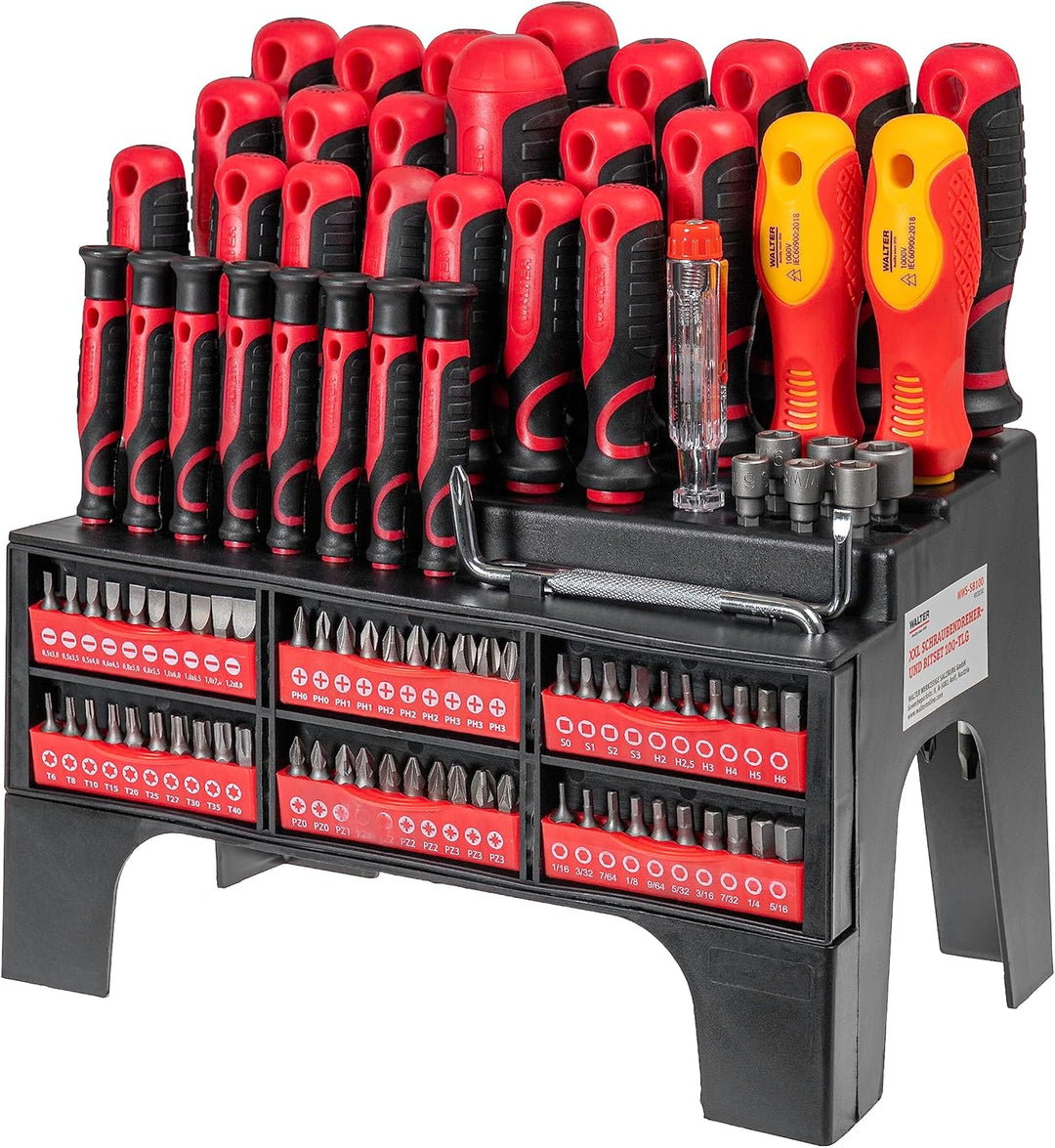 WALTER XXL Schraubendreher und Bit Set 100-tlg. effizient und handlich, Kreuzschlitz, Schlitz, Torx