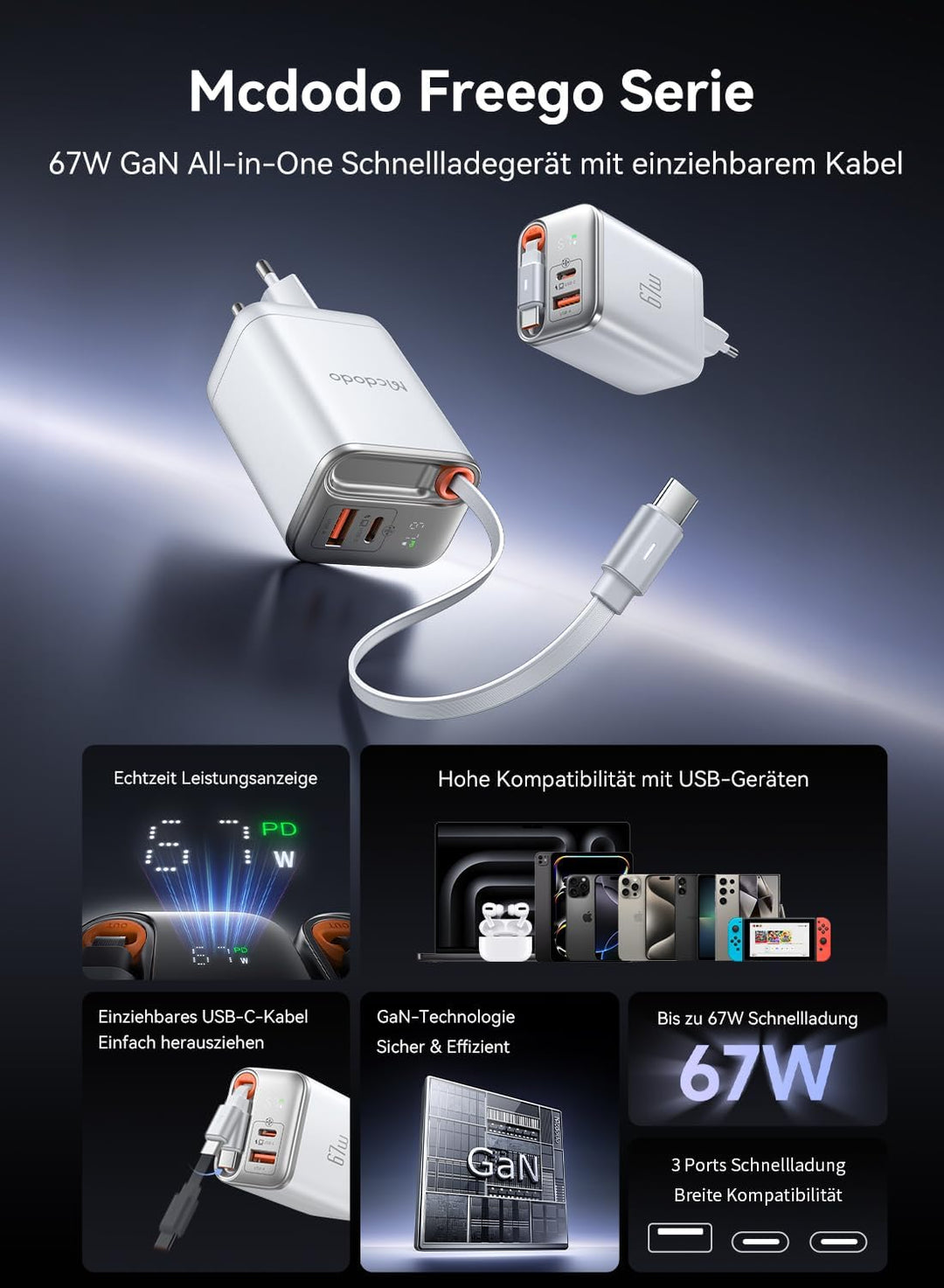 Mcdodo 67W USB C Ladegerät mit Einziehbarem Kabel Netzteil USB C GaN Schnellladegerät 3-Port 67W GaN