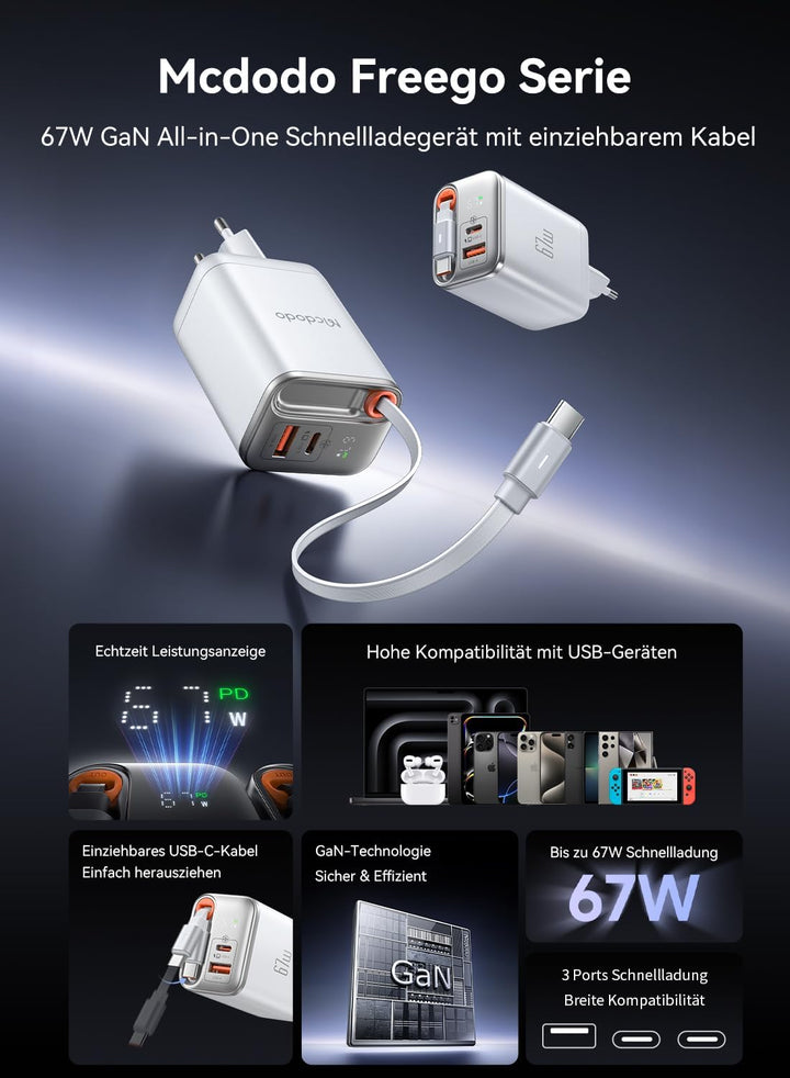 Mcdodo 67W USB C Ladegerät mit Einziehbarem Kabel Netzteil USB C GaN Schnellladegerät 3-Port 67W GaN
